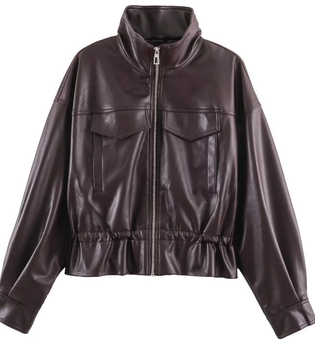 Dam Kort Faux Läder Blouson med Stå Krage, Lock Fickor och Drawstring Waist