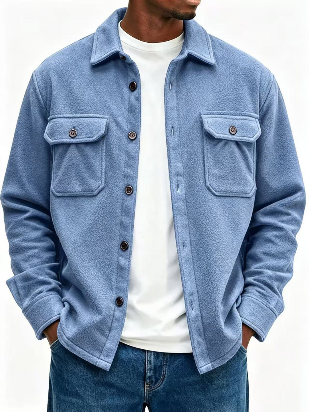 Herr fleece overshirt med bröstfickor och skjortkrage