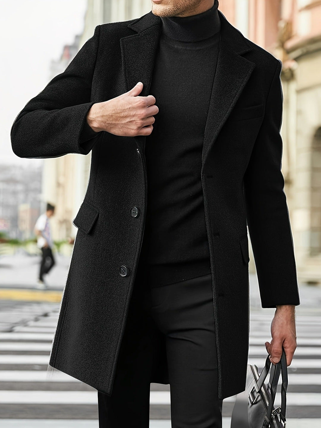 Herr modern lång kappa tillverkad av ullblandning med Smal Lapels, fickor med lock och slim passform