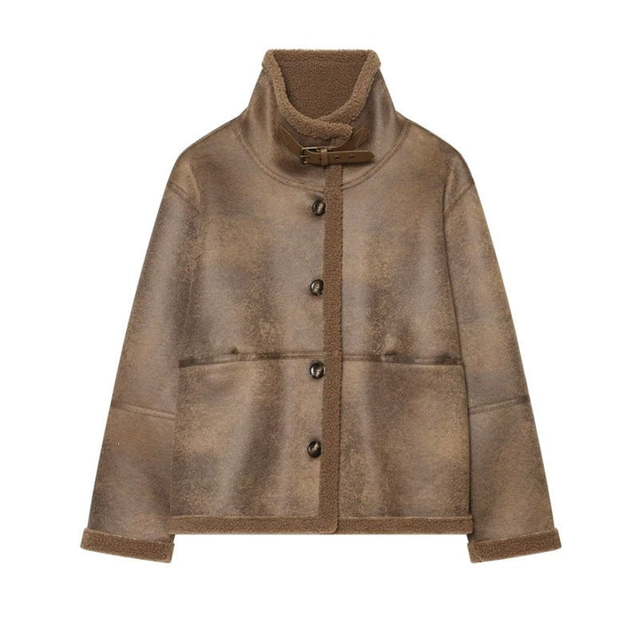 Dam Kort Jacka i Lambskin Look med Ståkrage, Knapp och Buckle Stängning