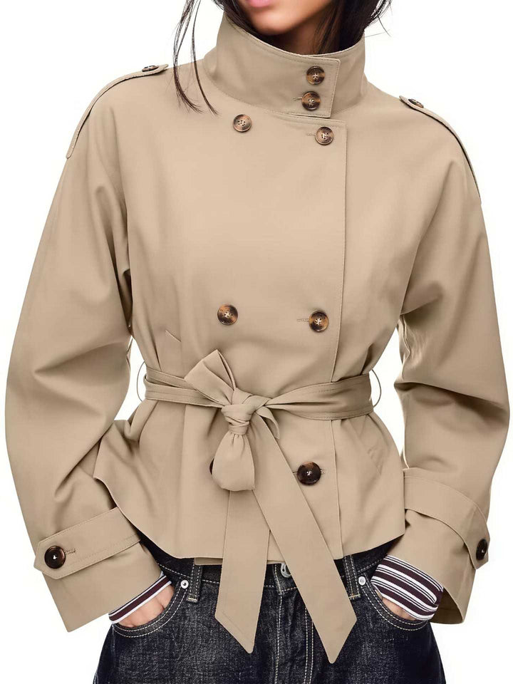 Dam Kort Trenchcoat med Dubbel-Breasted, Midjebälte och Ståkrage
