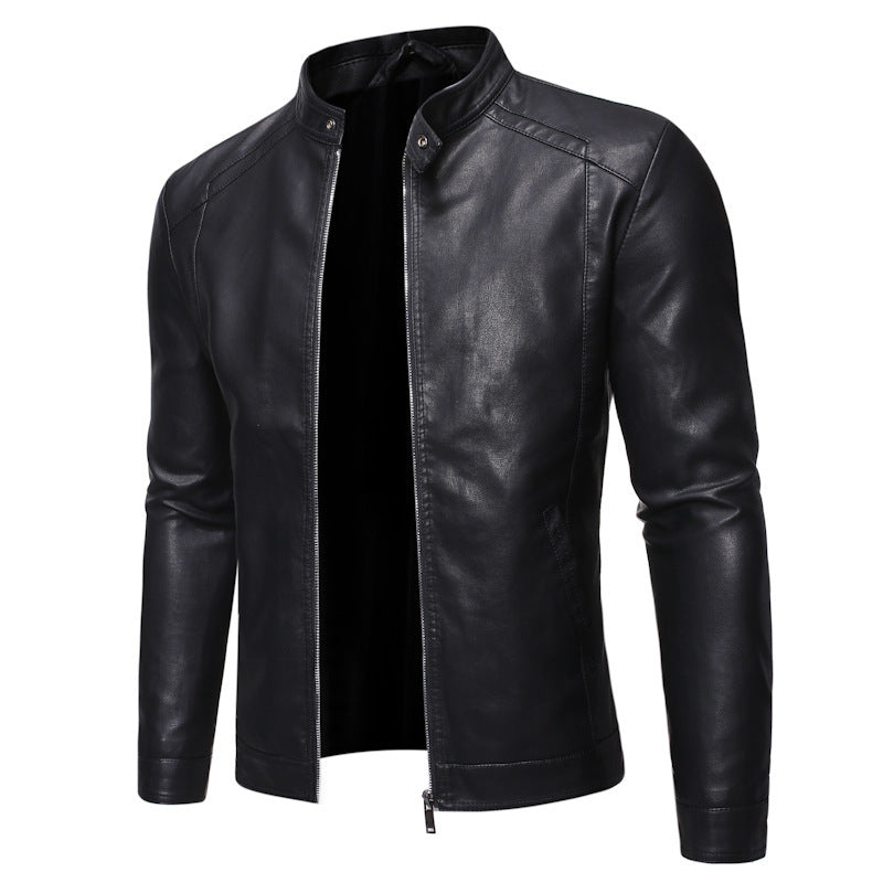 Herr Smal Passform Läder Look Blouson i Racer Minimal Stil med Snap Knapp Ståkrage