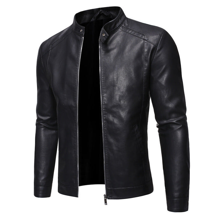 Herr Smal Passform Läder Look Blouson i Racer Minimal Stil med Snap Knapp Ståkrage