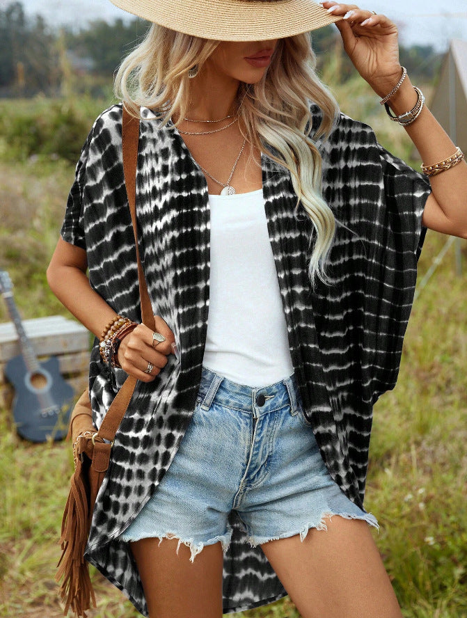 Dam Open lätt kimono kofta med Tie-Dye mönster och korta ärmar
