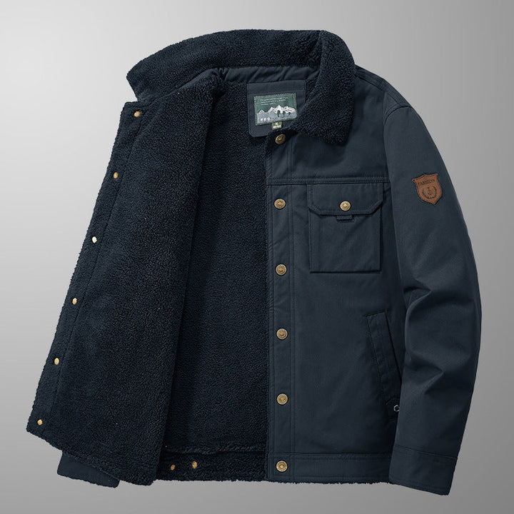 Herr Fodrad Canvas Trucker Jacka med Teddy Fleecefoder och Skjorta Krage