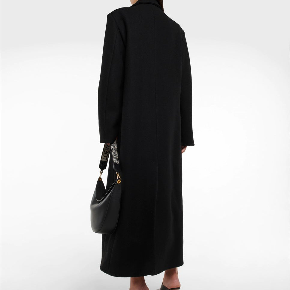 Dam Floor-Length lång modell Single-Breasted ullblandning kappa med Distinctive Shoulder design