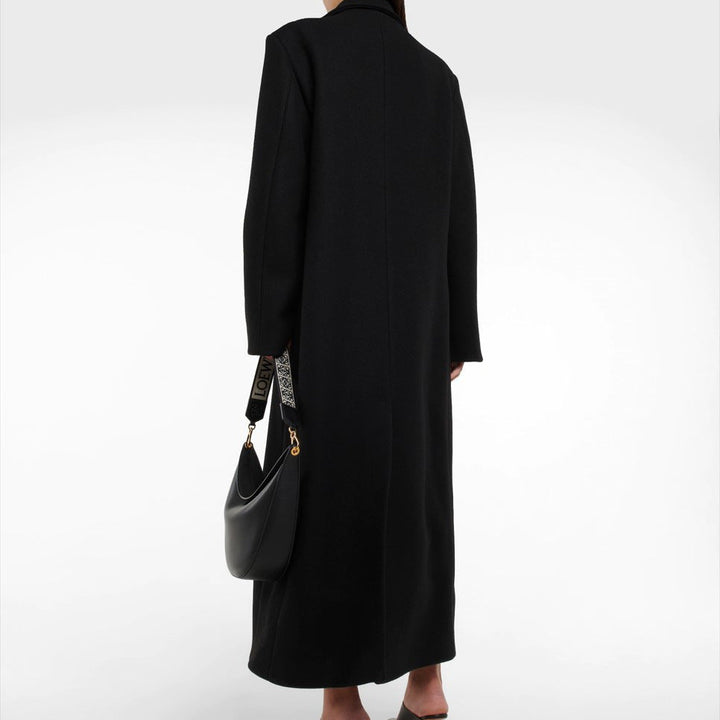 Dam Floor-Length lång modell Single-Breasted ullblandning kappa med Distinctive Shoulder design
