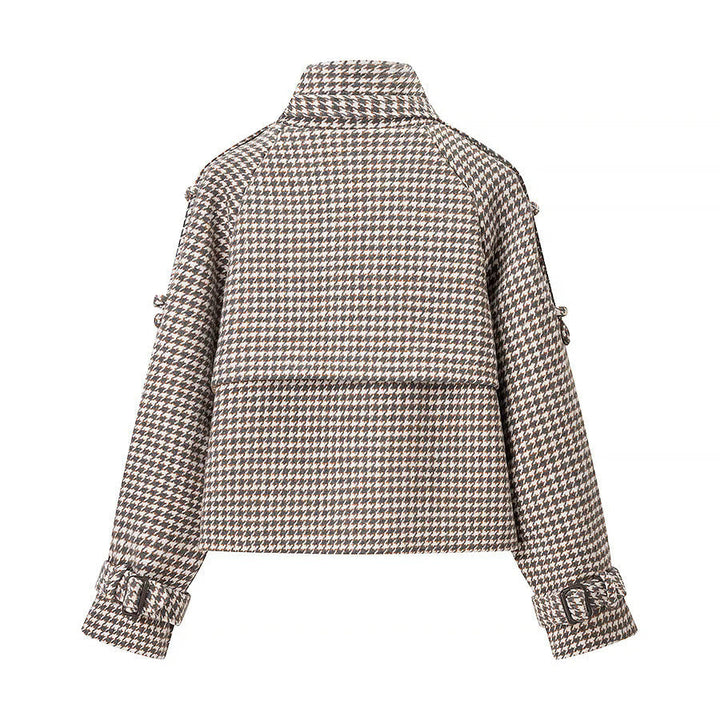 Dam kort double-breasted houndstooth kort kappa med ståkrage och tie cuffs