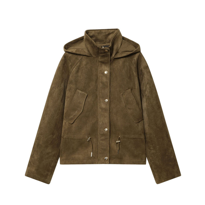 Dam kort mocka imitation parka med huva, hög krage och drawstring waist