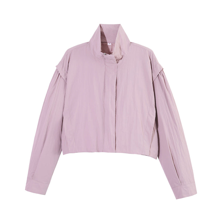 Dam Kort Blouson med Stå Krage, Gathered Shoulder Yoke och Wide Balloon Ärmar