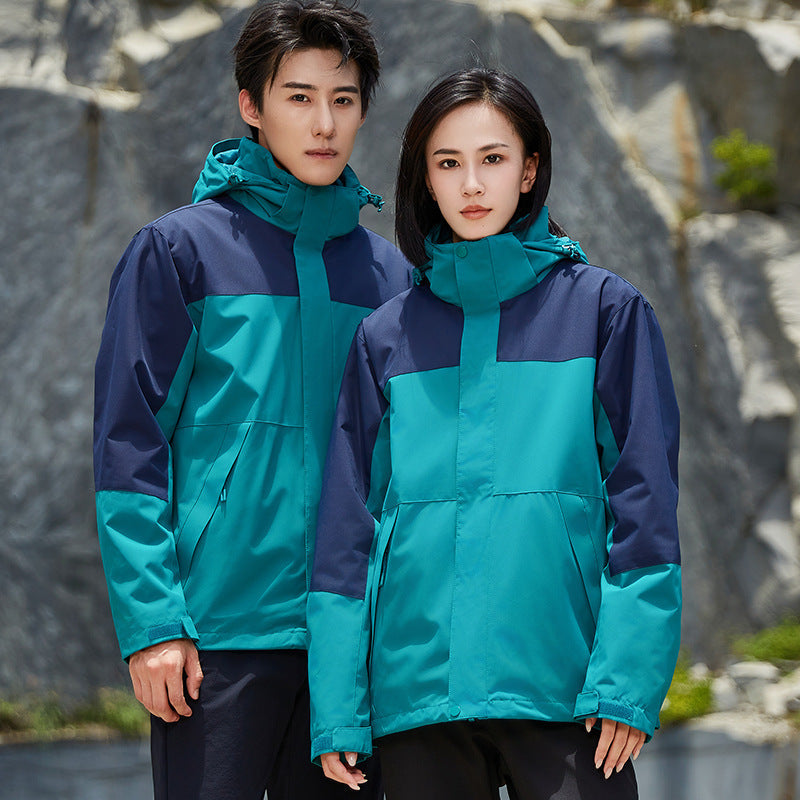 Unisex två-layer vattenavvisande utomhusjacka med huva och färg block design