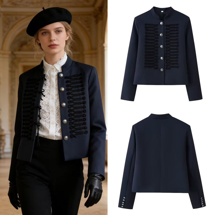 Dam Kort Militär-Stil Jacka med Ståkrage, Decorative Cord Trimming, och Decorative Knappar