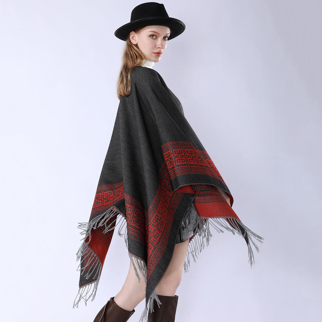 Dam Reversible ullblandning kimono stil Wrap med Ornamental Border och Decorative Fringes