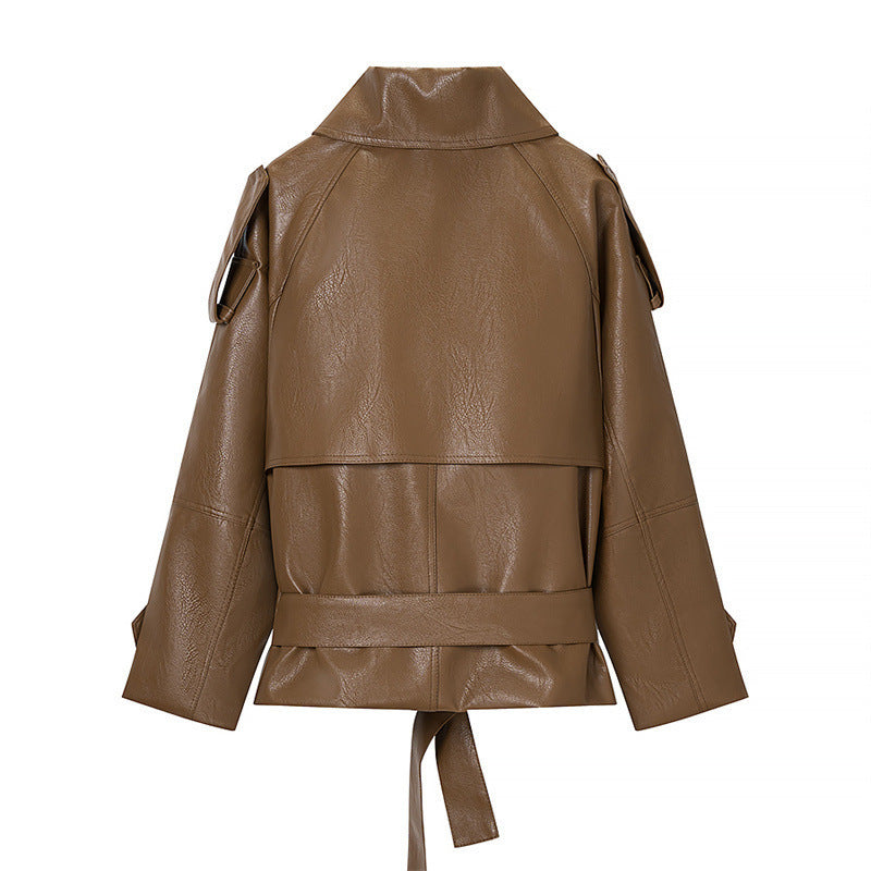 Dam kort konstläder trenchcoat med midjebälte, Double Breasted och Epaulettes
