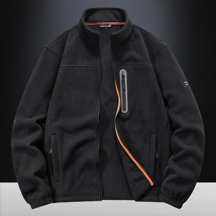Herr fleece jacka med vindresistent microfleece, welded bröst dragkedja ficka, och elastiska muddar