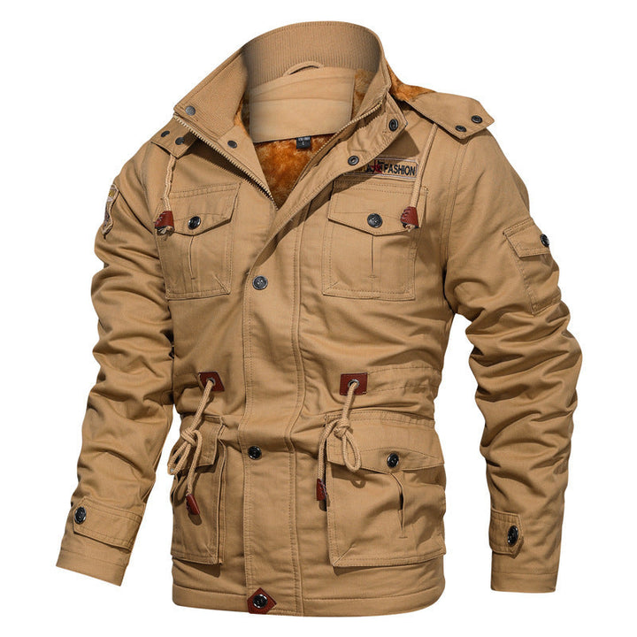 Herr Canvas Parka i Militär Utility Stil med Teddy Fleecefoder, Dragsko Midja, och Multifunctional Fickor