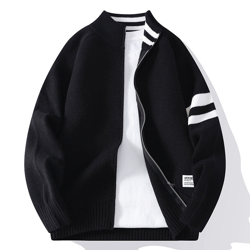 Herr Stickad Dragkedja Cardigan i College Stil med Randig Ärm Band och Ribbad Ståkrage