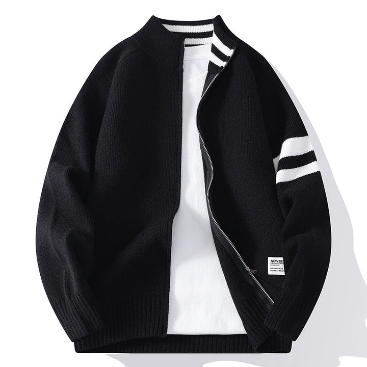 Herr Stickad Dragkedja Cardigan i College Stil med Randig Ärm Band och Ribbad Ståkrage