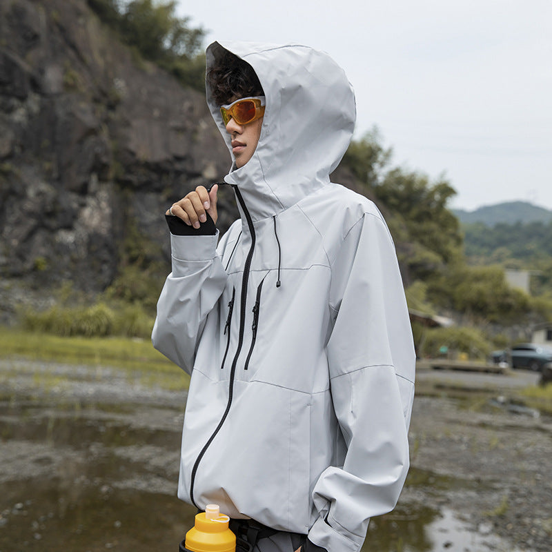 Herr Teknisk Regn Softshell Jacka med Huva, Dragkedja och Justerbar Fåll