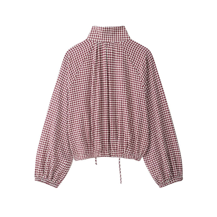 Dam Checked Blouse Jacka med Stå Krage, Balloon Ärmar och Drawstring Nederkant