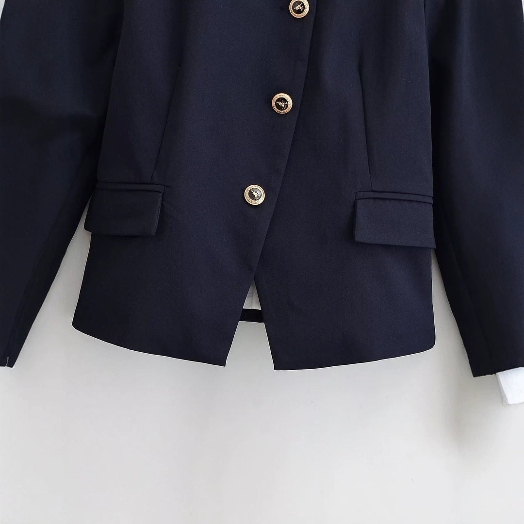 Dam Elegant Tailored Kort Jacka i Navy Stil med Stå Krage, Dekorativ Knapp Knäppning och Lock Fickor