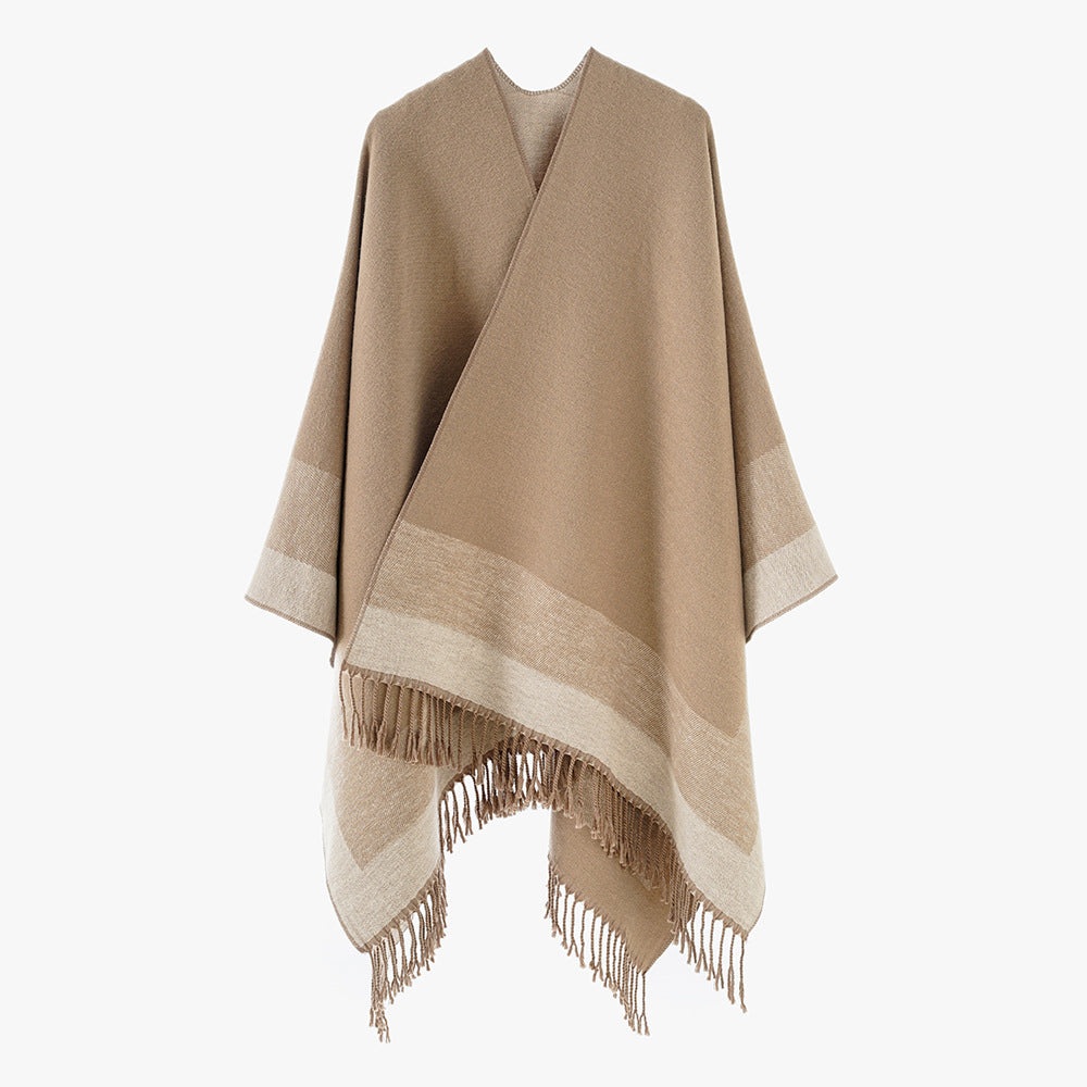 Dam Rectangular ullblandning poncho Wrap med öppen front och Fine fransfåll