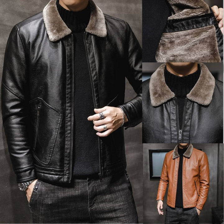 Herr Leather-Look Pilot Jacka med Teddy Krage och Dold Zip