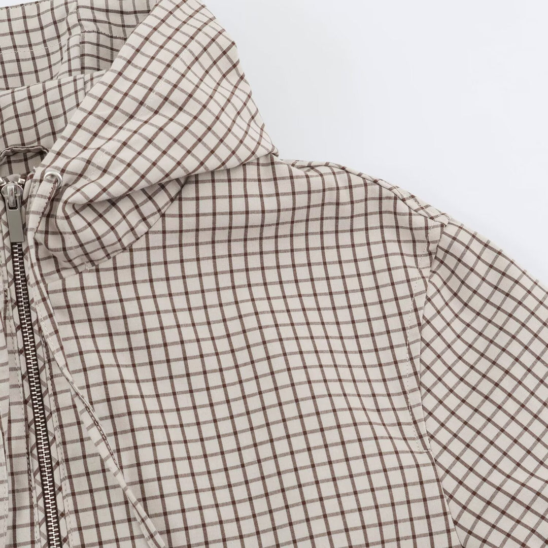 Dam Kort Rutig med Huva Blouson med Drawstring, Dragkedja och Elastic Muddar