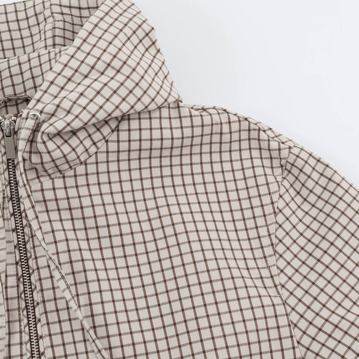 Dam Kort Rutig med Huva Blouson med Drawstring, Dragkedja och Elastic Muddar