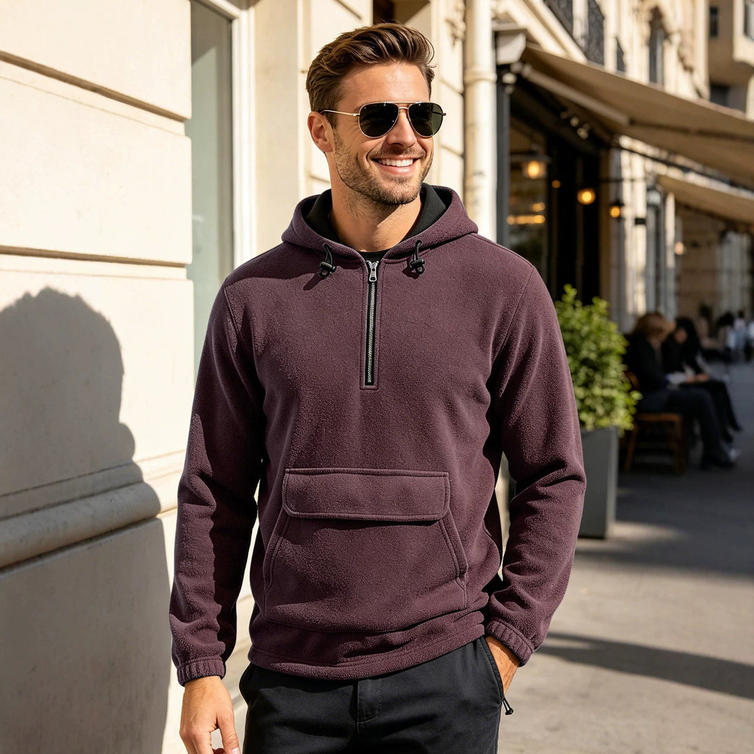 Herr Fleece Luvtröja med Halv Dragkedja, Känguruficka, och Adjustable Huva