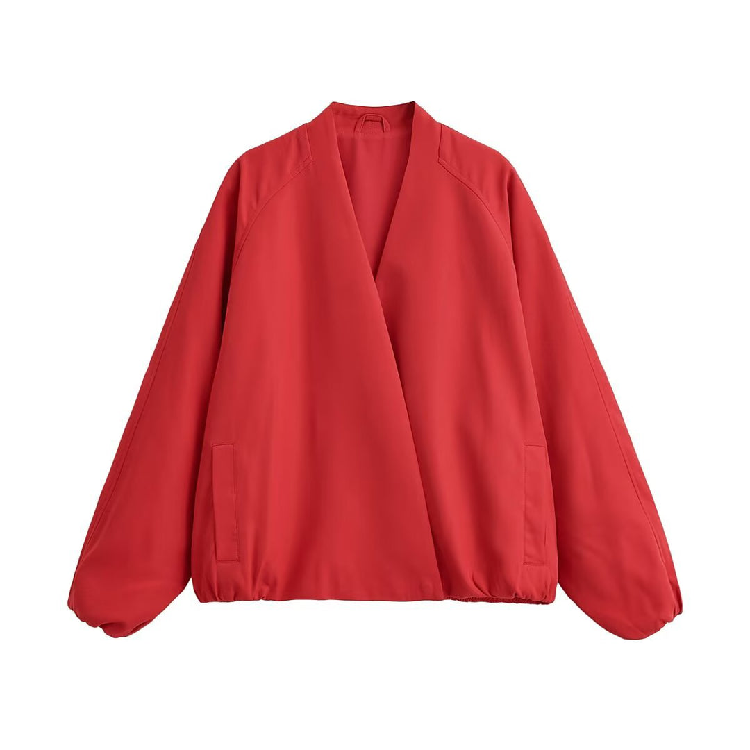 Dam Oversize Kimono Blouson med Open Front, Balloon Ärmar och Elastic Nederkant