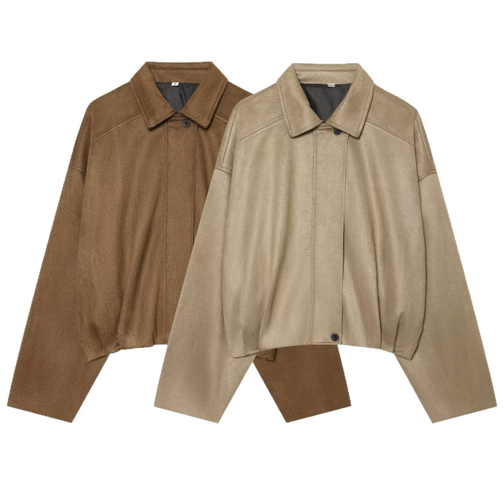 Dam Kort Cape Jacka i Oversize Suede Look med Dold Knapp Knäppning