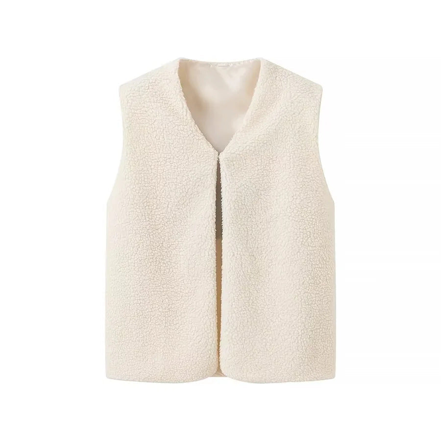 Dam mysig sleeveless bouclé väst med V-neck och satin foder