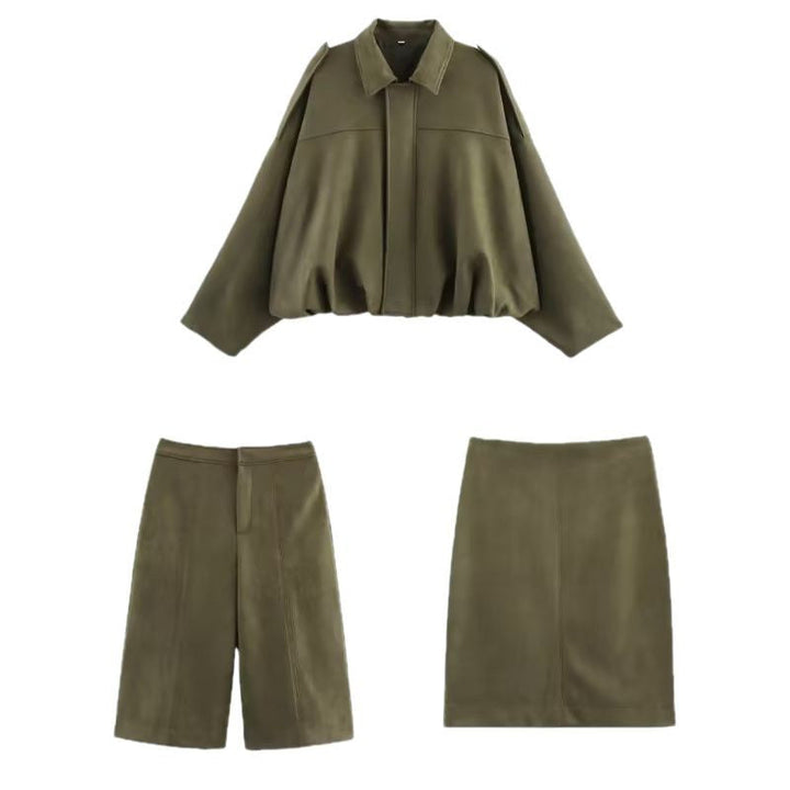 Dam Oversized Mocka Blouson med Kort Fåll och Epaulettes