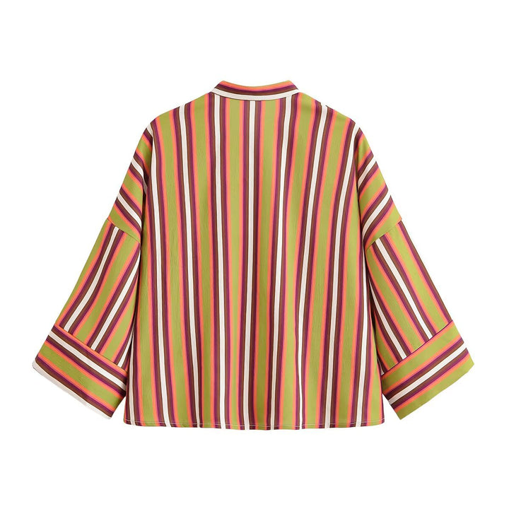 Dam Randig Kimono Jacka med Kort Trumpet Ärmar och Dekorativ Knot Closures