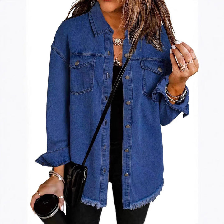 Dam oversize denim skjortjacka med Fringe fåll