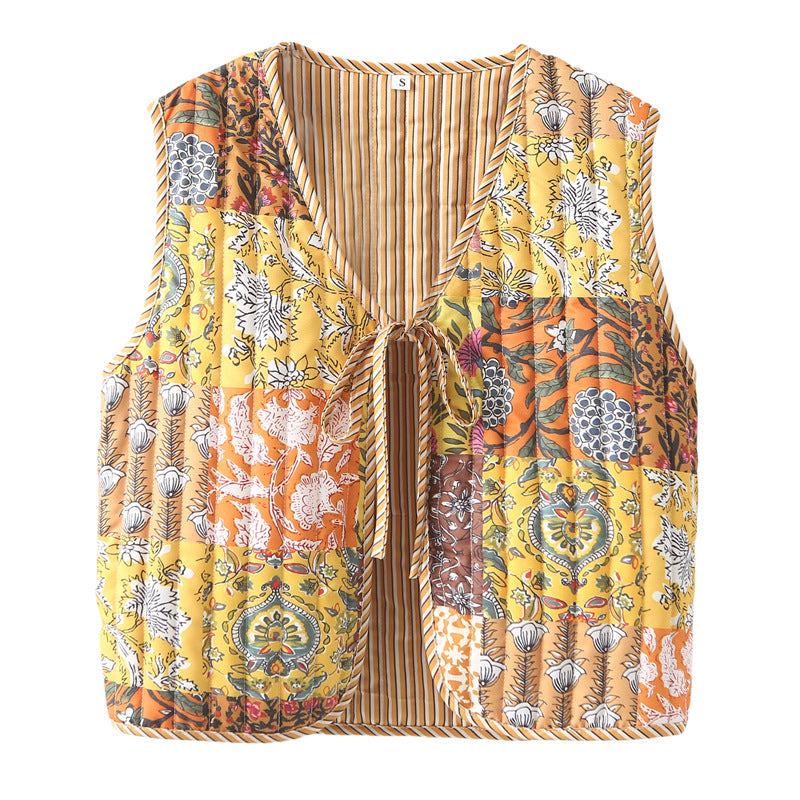 Dam quiltad patchwork väst med tie och V-neck