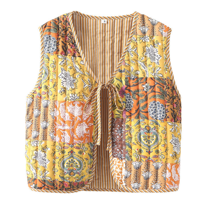 Dam quiltad patchwork väst med tie och V-neck