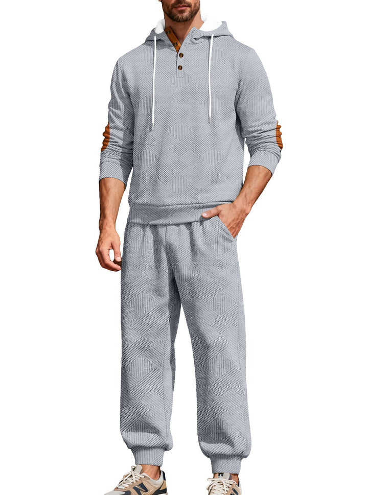 Herr Textured Luvtröja Jogging Set med Henley Knapplist och Contrast Elbow Lappar