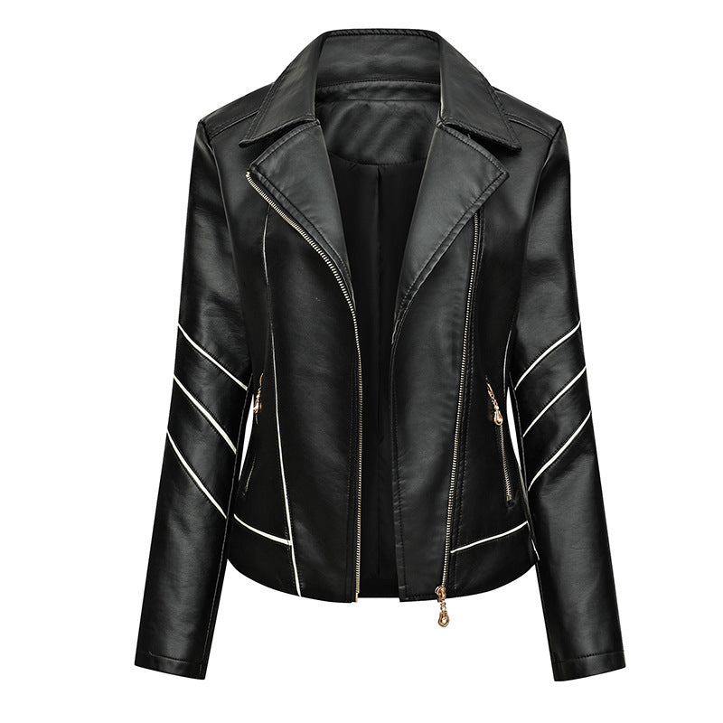 Dam Tailored Faux Läder Bikerjacka med Asymmetrisk Dekorativ Seams och Dragkedja Fickor