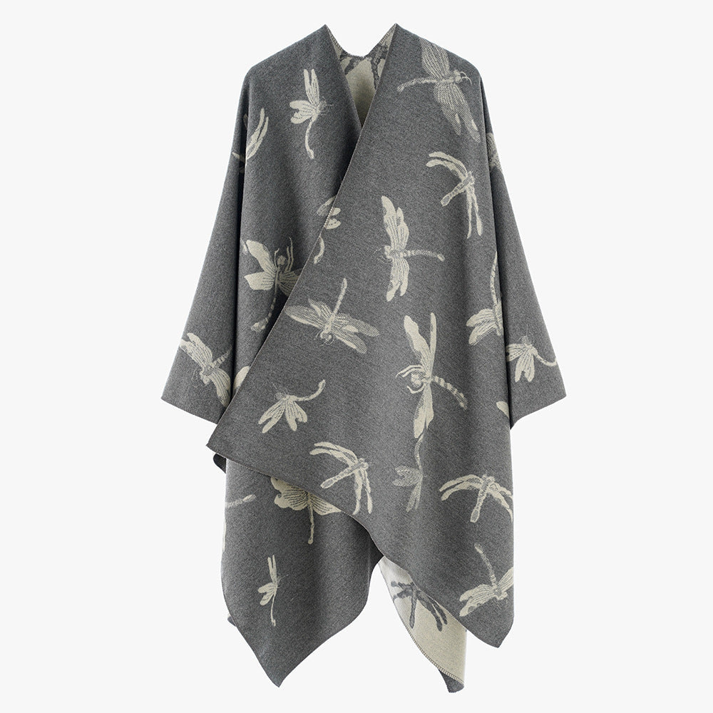 Dam Reversible Jacquard poncho med Dragonfly mönster