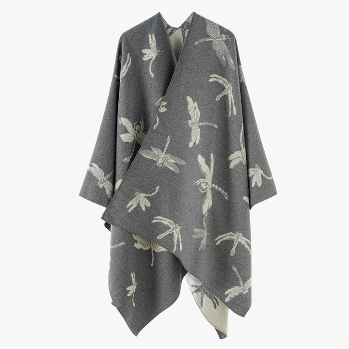 Dam Reversible Jacquard poncho med Dragonfly mönster