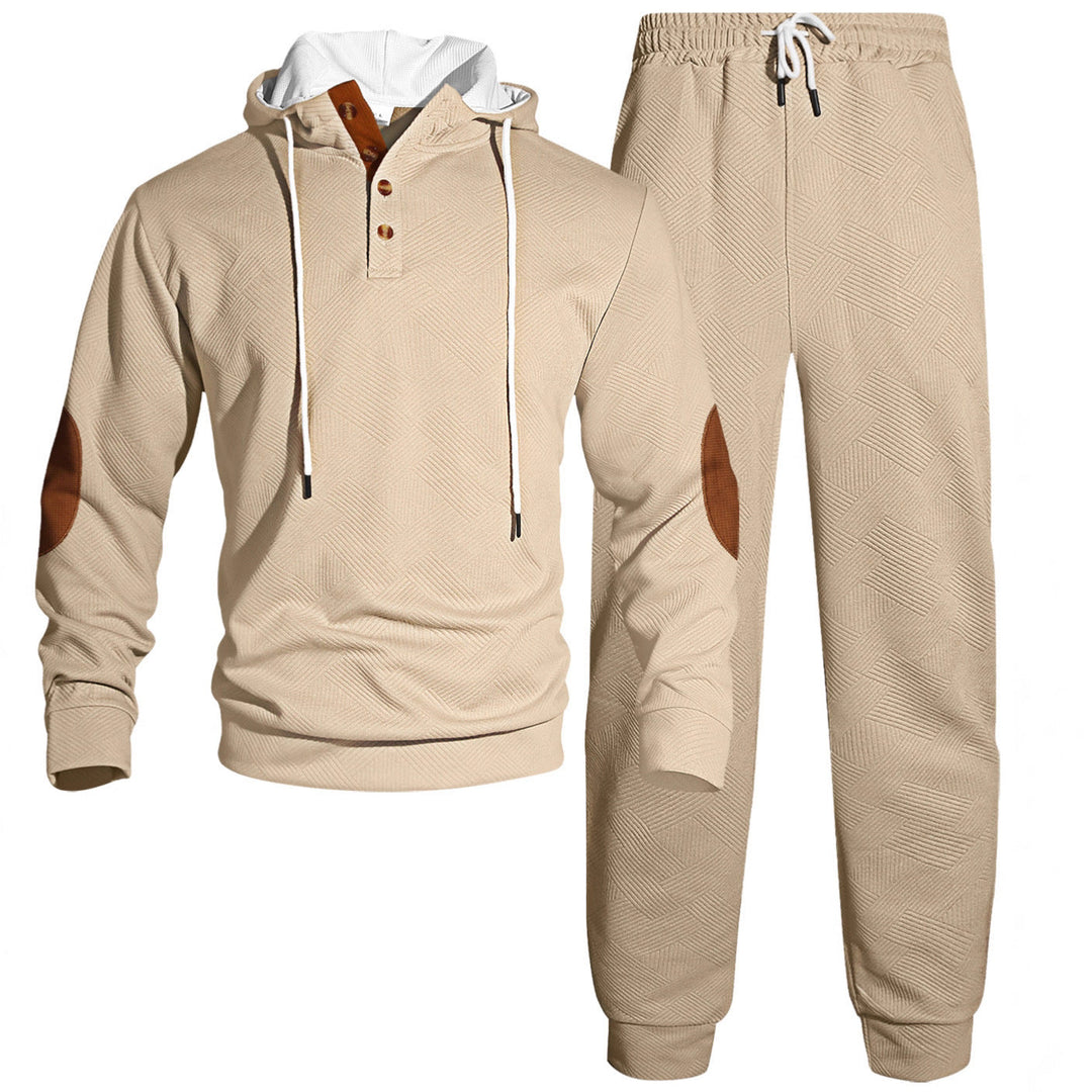 Herr Waffle Structure Henley Luvtröja Set med Wooden Knapplist Elbow Lappar och Tapered Joggingbyxor