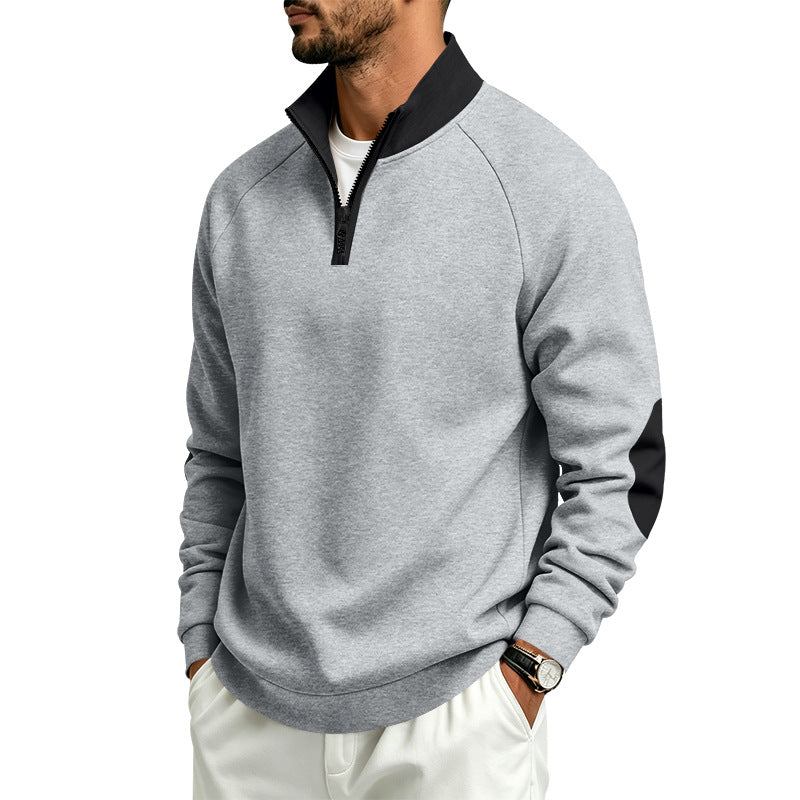 Herr Halv Dragkedja Pullover med Ståkrage och Elbow Lappar