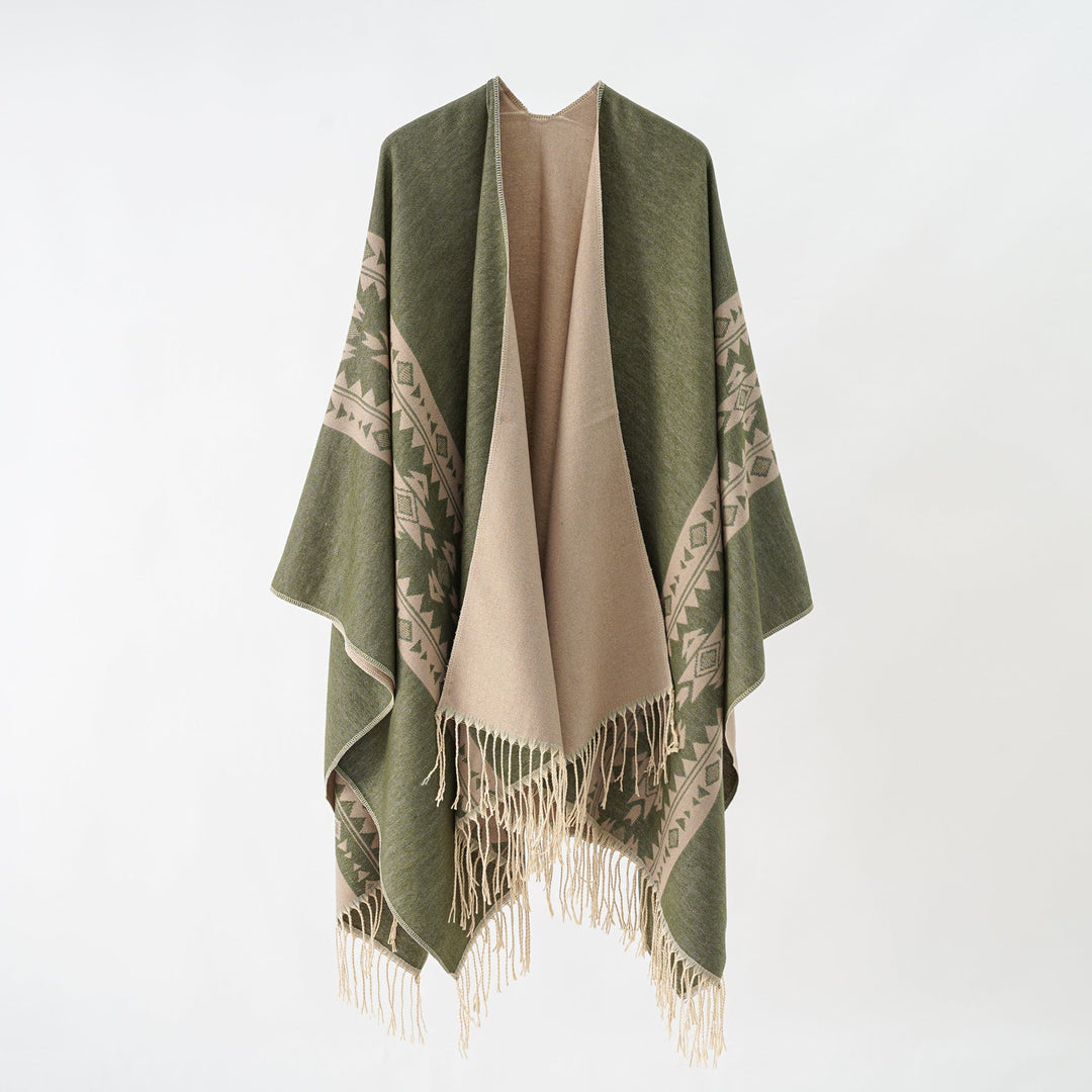 Dam Cashmere-look Wrap poncho med Geometric Border Jacquard och Fringe kant