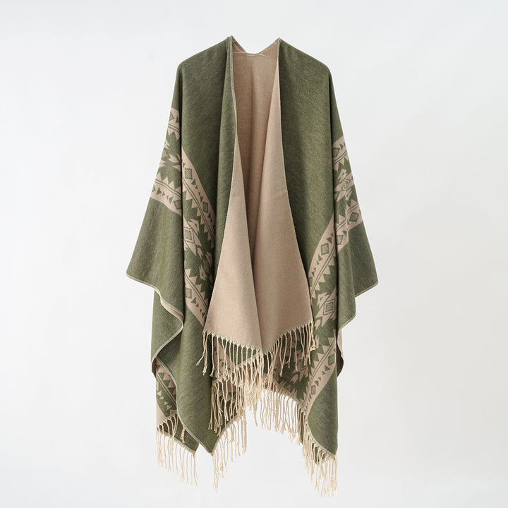 Dam Cashmere-look Wrap poncho med Geometric Border Jacquard och Fringe kant