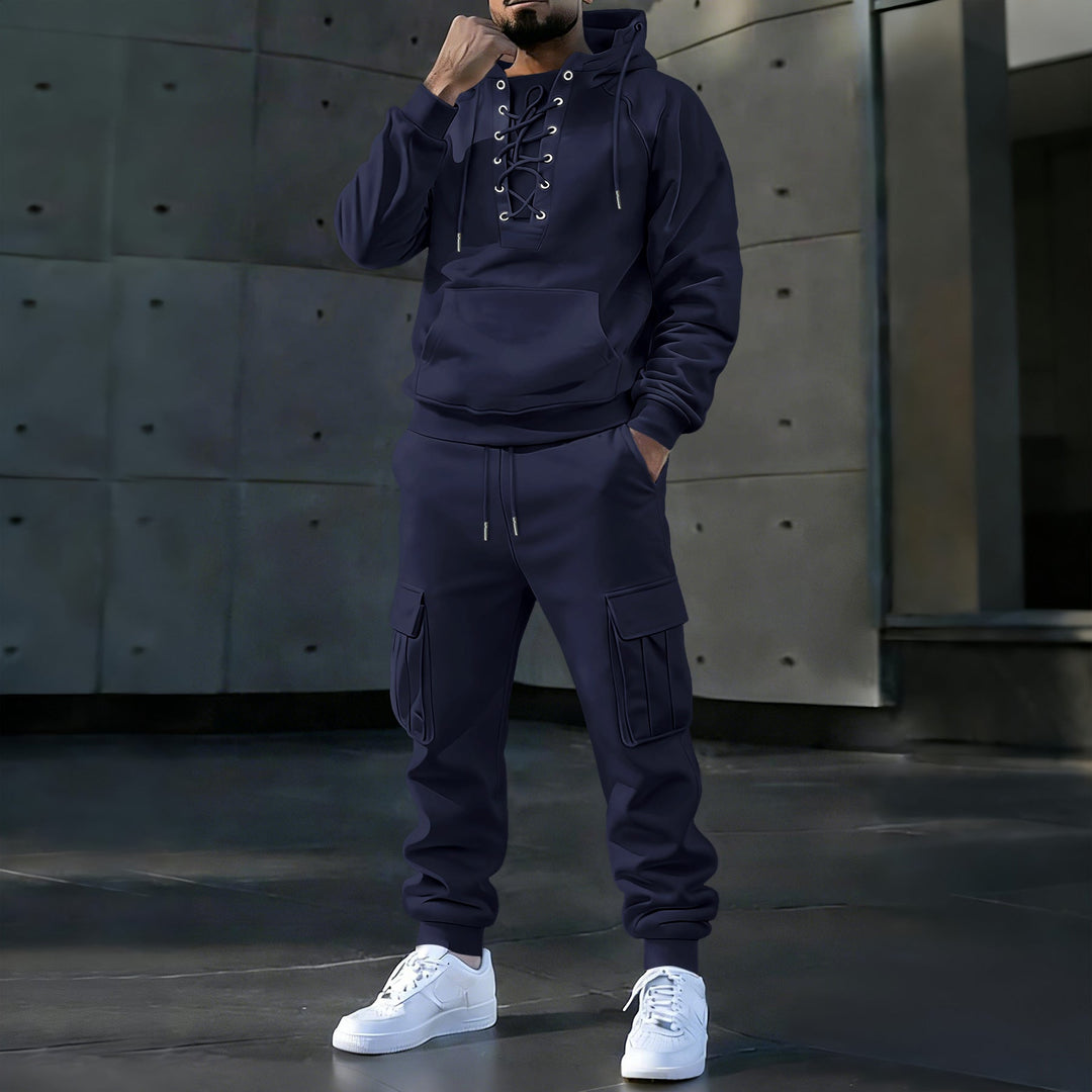Herr Luvtröja med Distinctive Fram Lacing, Känguruficka, och Elastiska Muddar