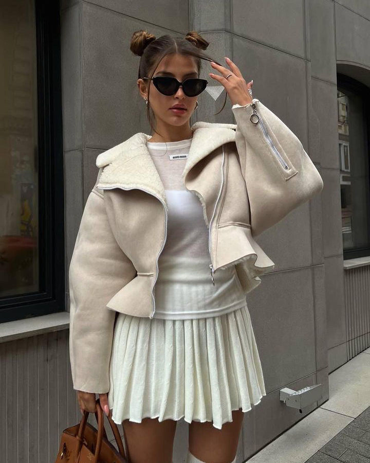 Dam kort Lambskin Imitation bikerjacka med oversize krage och asymmetrisk dragkedja
