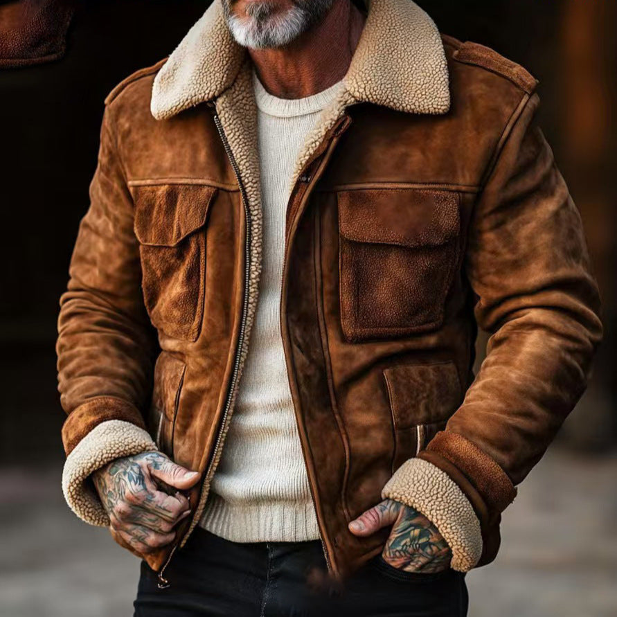 Herr Flight Jacka Tillverkad av Suede Läder med Teddyfoder och Utanpåfickor