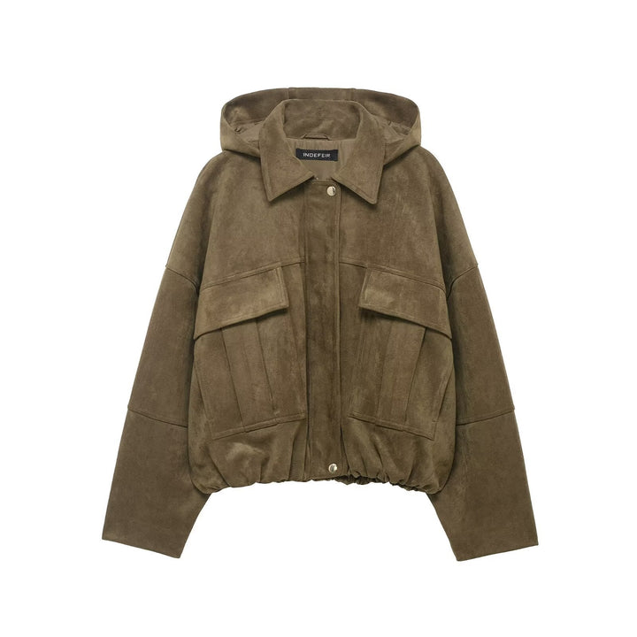 Dam oversize-kort mocka look jacka med huva och Flap fickor
